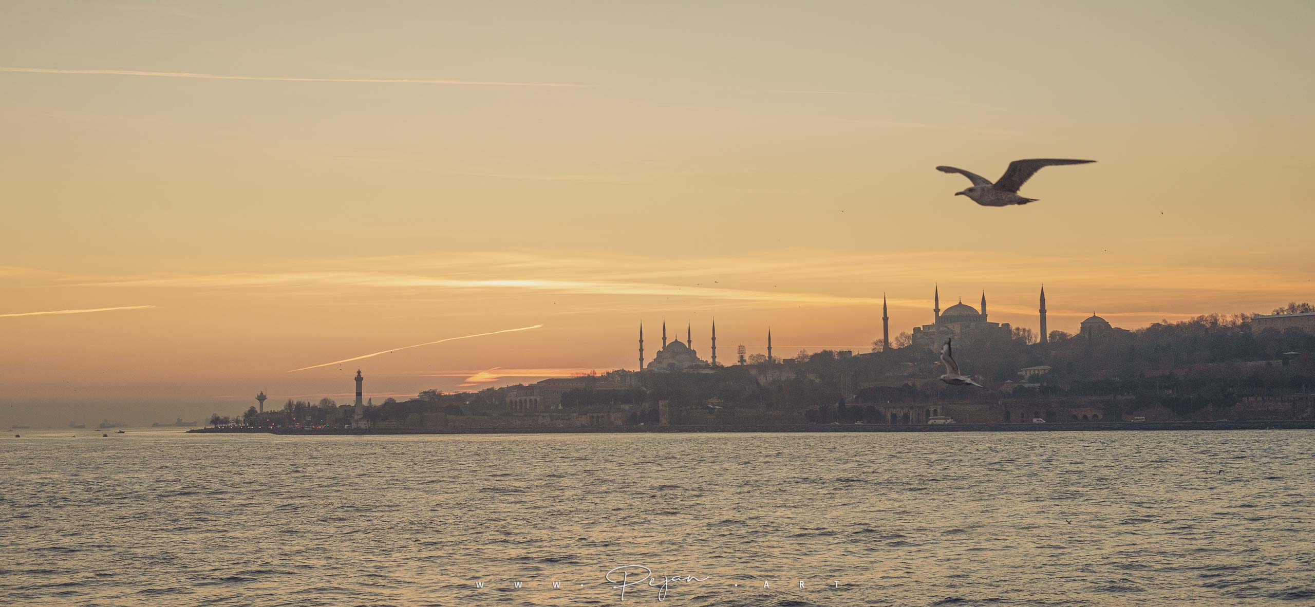 Invitation to travel. Sunset over Istanbul, Turkey, between Europe and Asia. Seagulls fly over the Bosphorus in front of a golden sky.