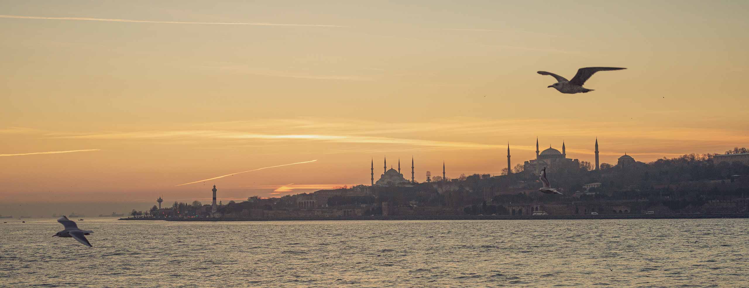 Invitation to travel. Sunset over Istanbul, Turkey, between Europe and Asia. Seagulls fly over the Bosphorus in front of a golden sky.