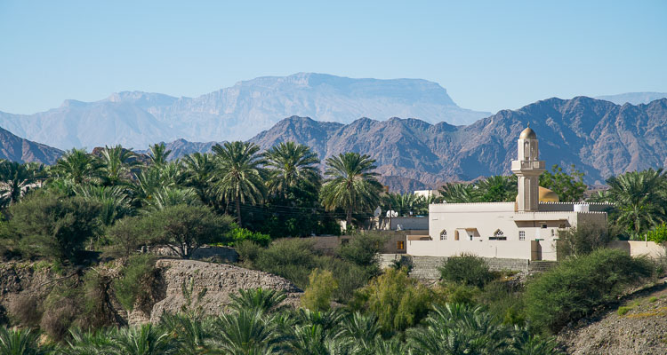 Paradise-like landscape typical of the Omani mountains, mosque and palm trees in Wadi Alhoqain, Hajar Mountains, Sultanate of Oman
