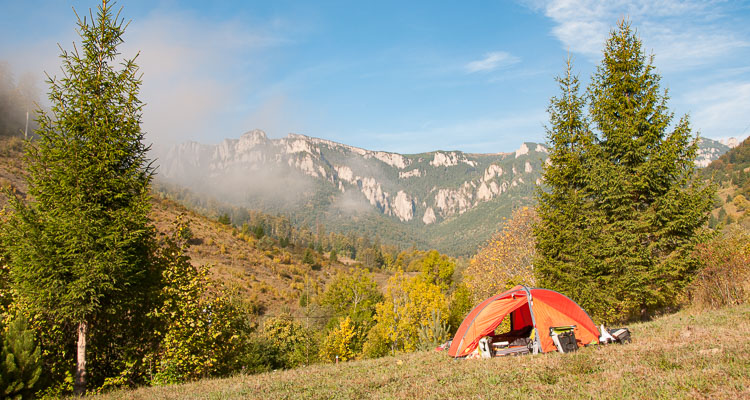 Mountain landscape in Romania, Bivouac near the Ceahlău massif, cycling adventure in Romania, Eastern Europe